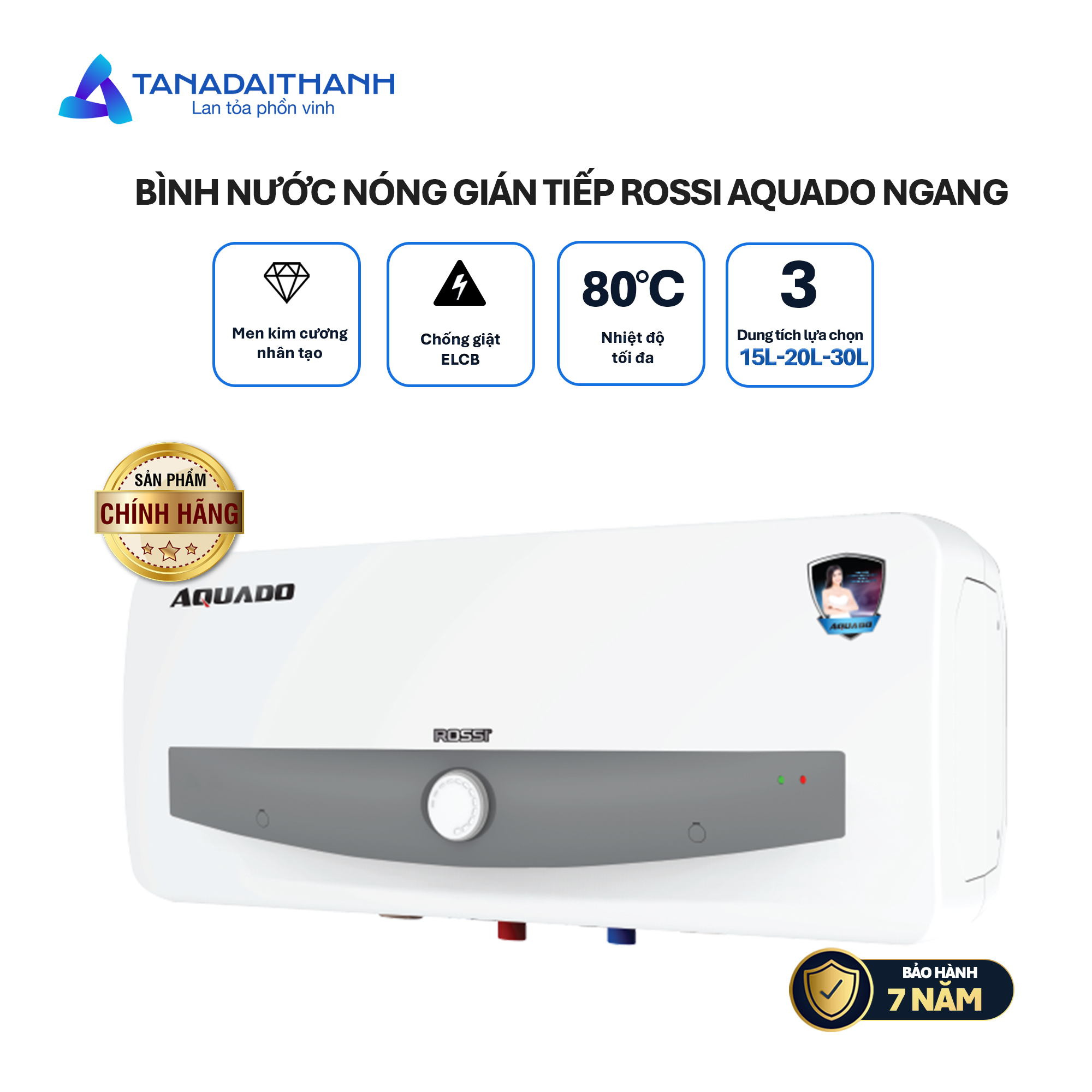 Bình nóng lạnh gián tiếp Rossi Aquado Ngang (15/20/30 Lít) - Chính hãng, Bảo Hành 7 năm