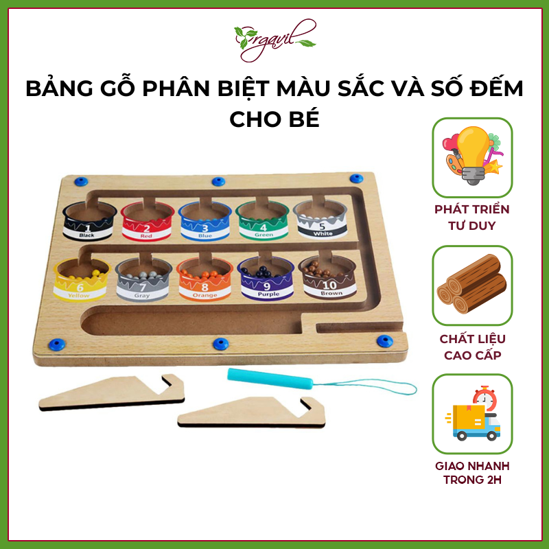 Bảng gỗ Montessori phân biệt màu sắc và số đếm cho bé - Bảng gỗ nhận biết màu sắc và số đếm cho bé - Orgavil