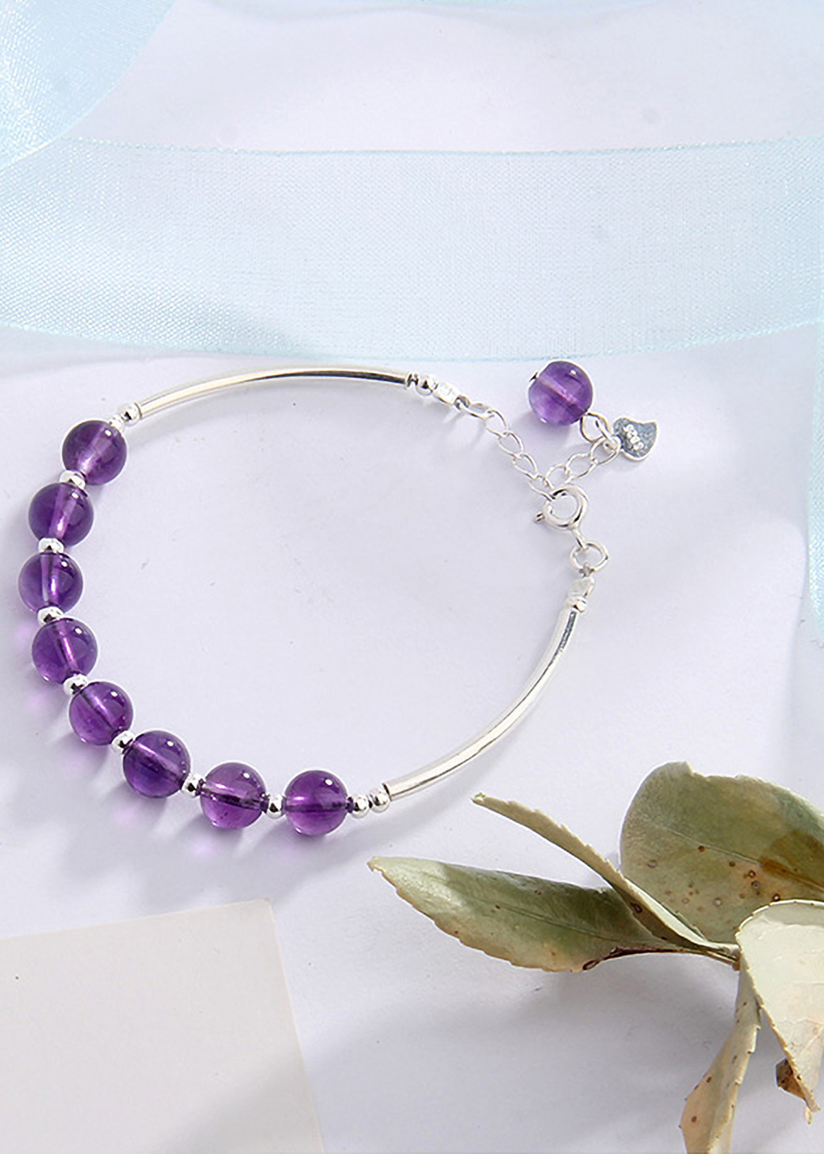 Vòng tay đá thạch anh tím phối charm ống bạc mệnh hỏa, thổ - Ngọc Quý Gemstones