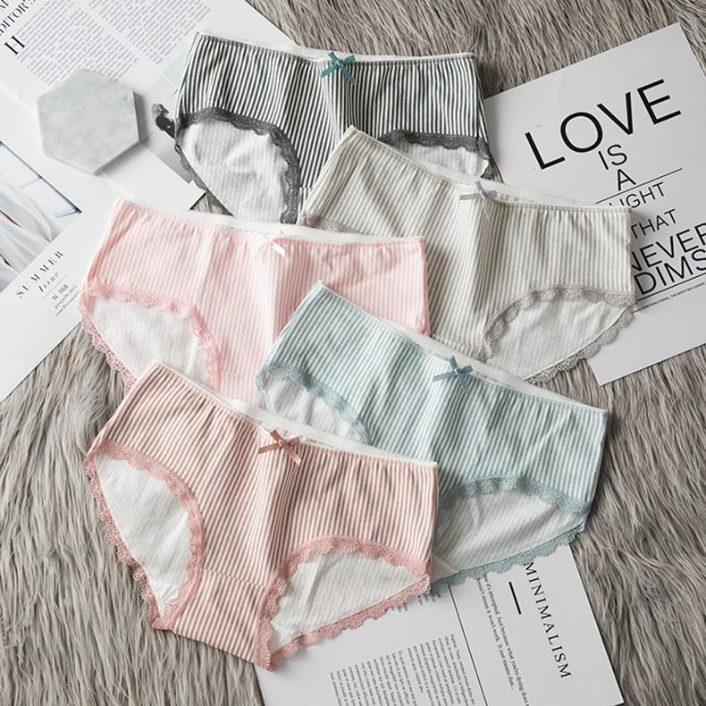 Quần Lót Cotton Kẻ Sọc Viền Ren Xuất Hàn