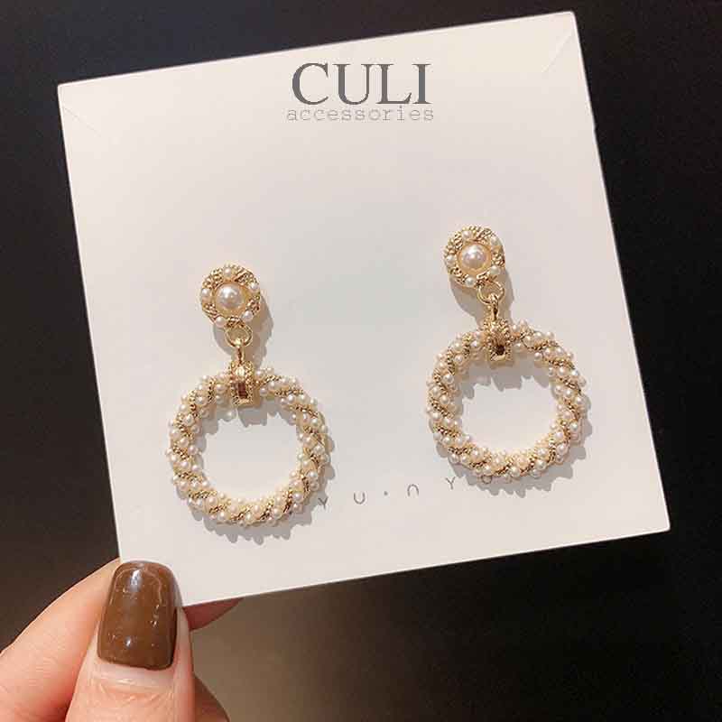 Khuyên tai dáng dài, khoen tròn đính đá phối hạt trai xinh xắn HT676 - Culi accessories