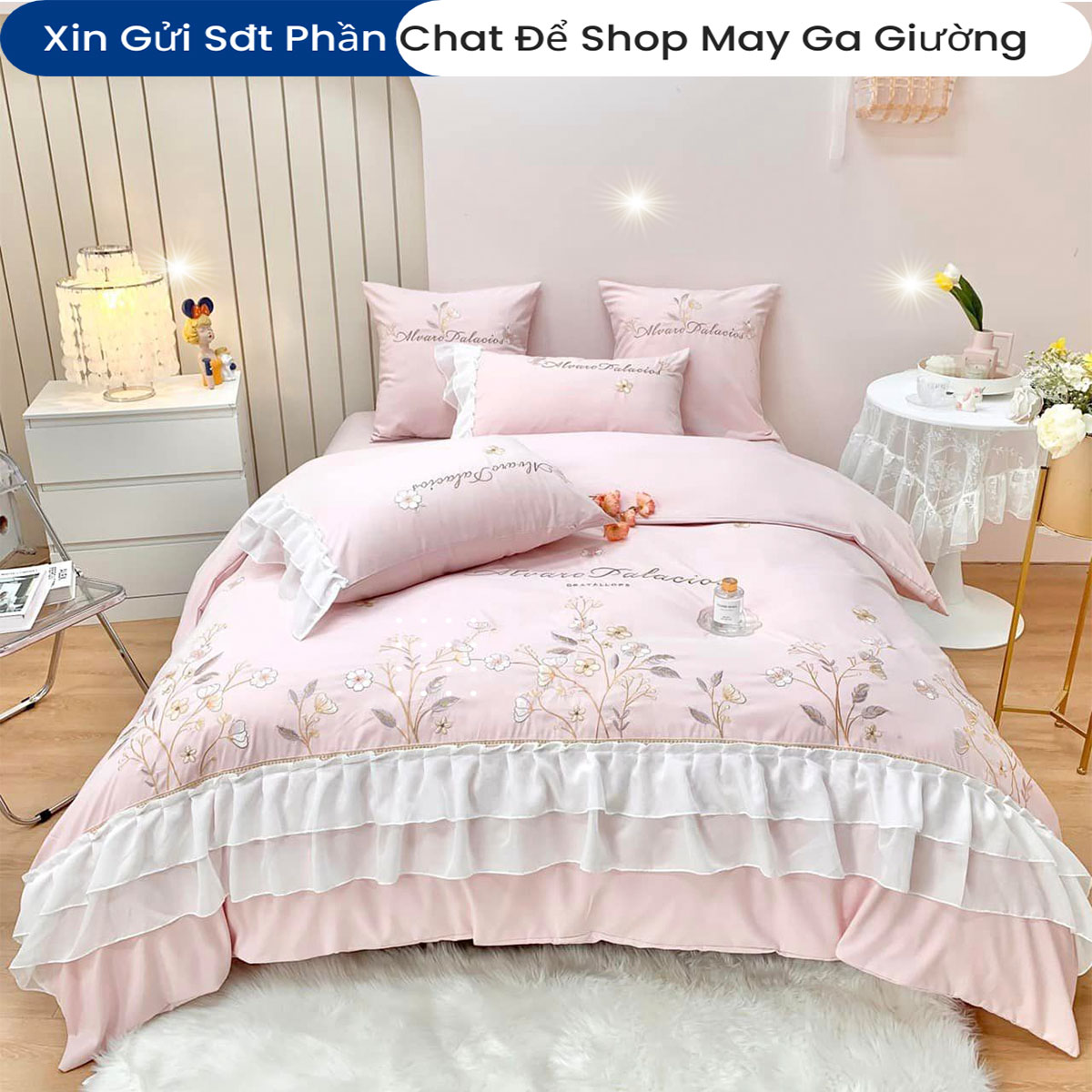 Bộ Chăn Ga Gối Đệm Cotton Linen 5 Món ANNA NGUYÊN Cao Cấp Chăn Chần Bông Lụa Mềm