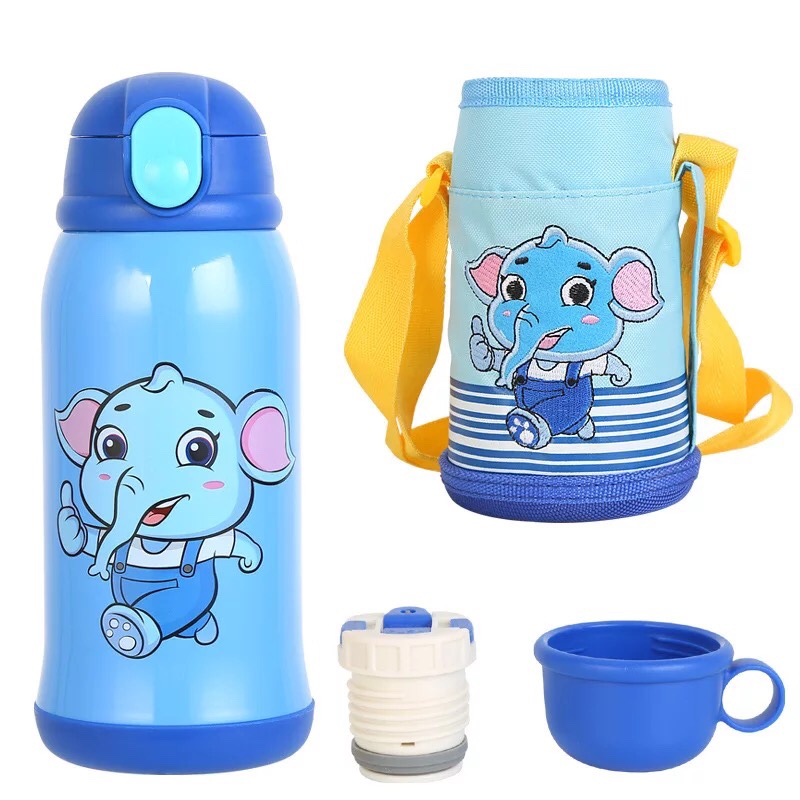 Bình Đựng Nước Uống 600ml Cho Bé Đi Học - Giữ Nhiệt 12 Giờ Và Có Ống Hút (Tặng Kèm Túi Vải)