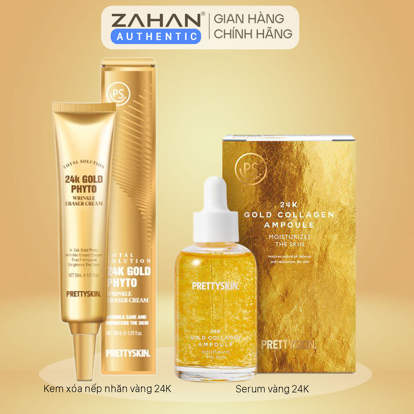 Combo Kem xóa nếp nhăn Total Solution 24K Gold Phyto Prettyskin 30ml và Tinh Chất Ampoule Vàng 24k Collagen Prettyskin 50ml( 2 sản phẩm)