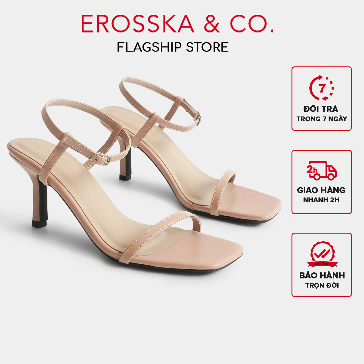 Erosska - Giày sandal cao gót nữ mũi vuông quai mảnh cao 7cm - EB062