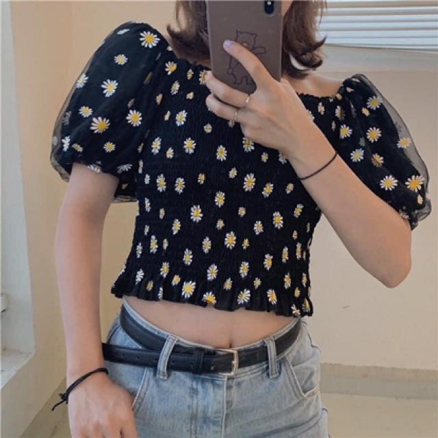 Áo crotop bo chun hoa nhí trễ vai