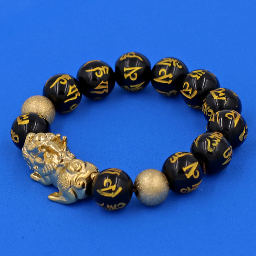 Vòng chuỗi đeo tay đá thạch anh đen khắc lục tự chân ngôn mạ vàng 14 ly  charm tỳ hưu và bi inox vàng, vòng tay chuỗi hạt