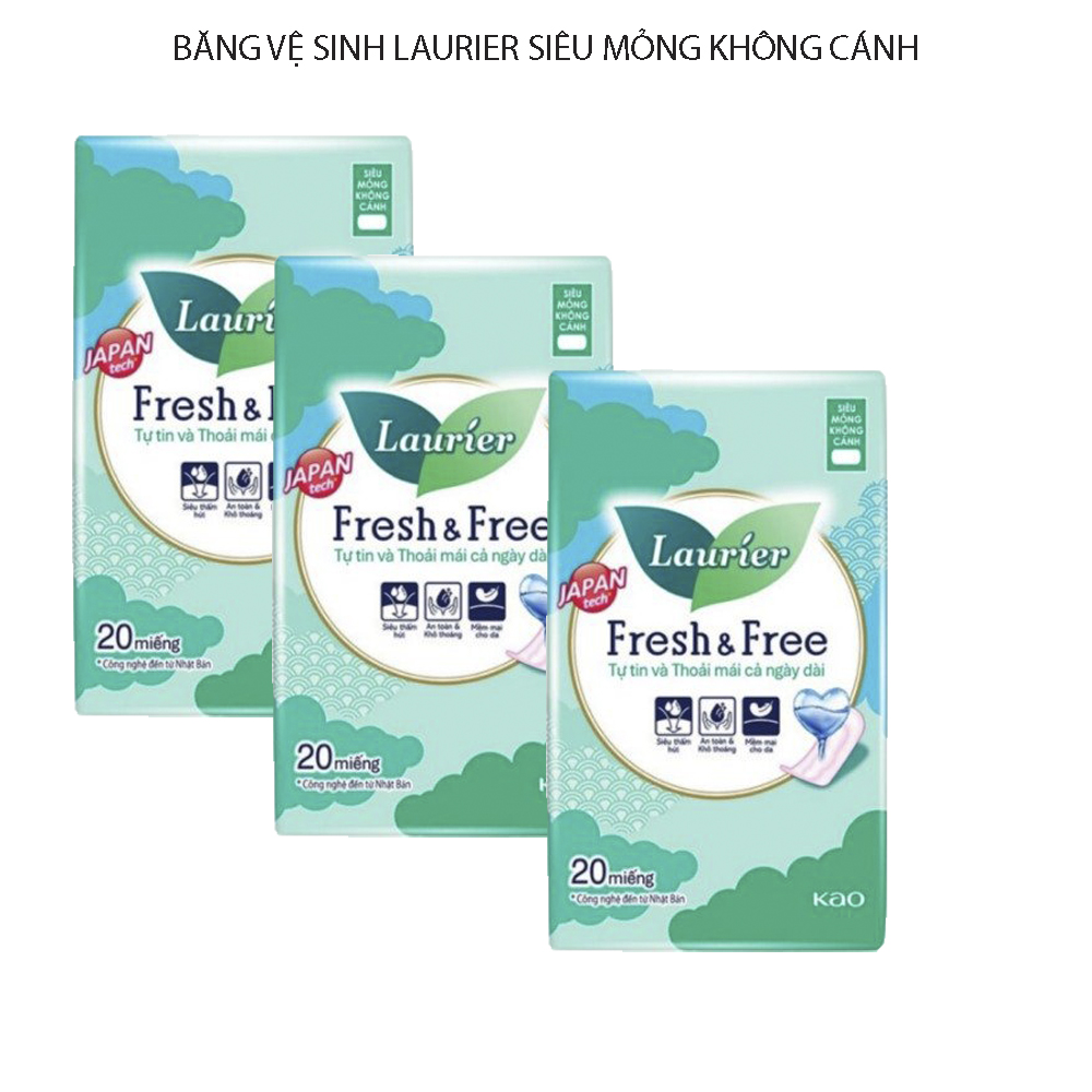 Combo 3 Băng Vệ Sinh Laurier Fresh & Free Siêu Mỏng Không Cánh - 20 Miếng