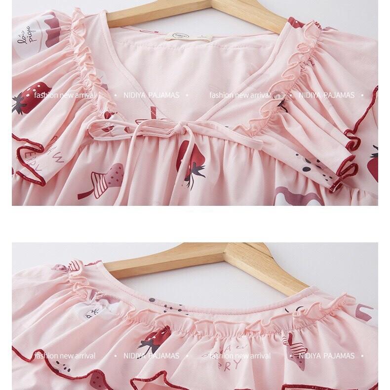 Bộ mặc nhà nữ thun cotton cổ viền bèo thắt nơ