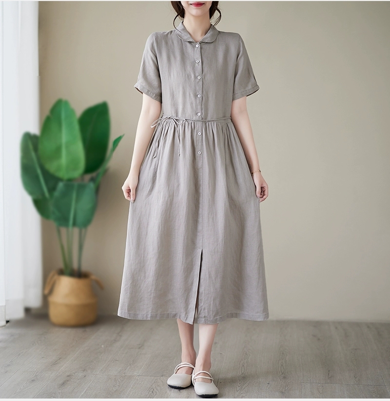 Đầm linen dáng dài, suông công sở cổ tròn linen tay cộc kèm dây eo, đầm đũi form rộng Haint Boutique Da169