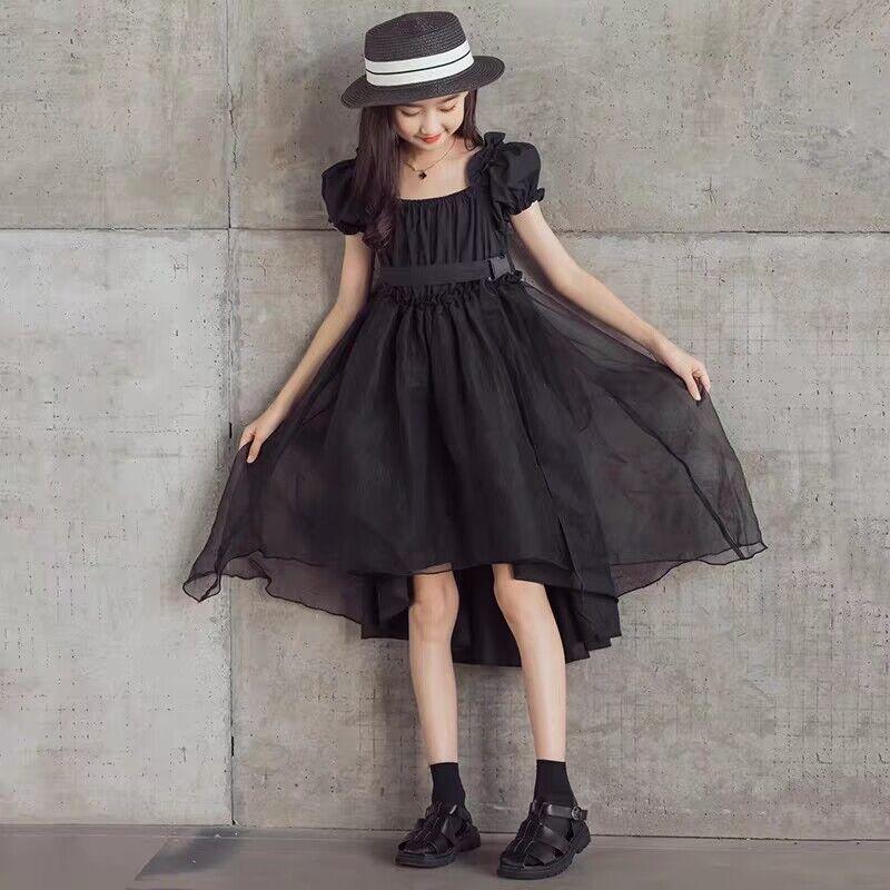 DONGSHOP HOT Cô gái công chúa váy 2021 mùa hè trẻ em màu đen retro khí chất tuxedo đầm đầm cổ tích đầm