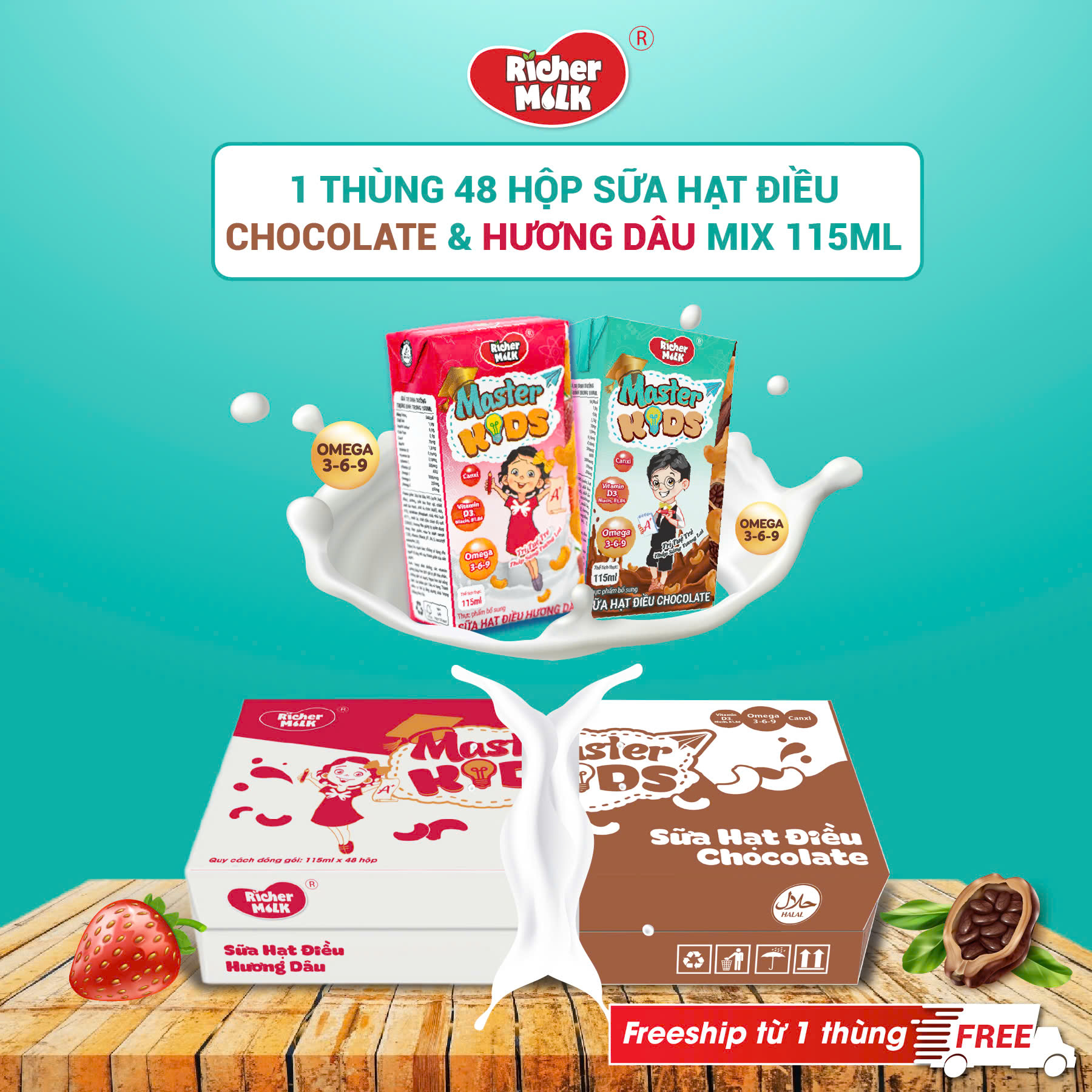 Sữa Hạt Điều Mix Vị Master Kids Chocolate và Hương Dâu 115ml Giàu Omega 3-6-9 Giúp Trẻ Thông Minh Hơn