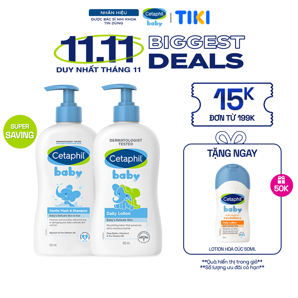 Combo Sữa tắm gội dịu lành Cetaphil Baby Gentle Wash & Shampoo 400ml + Sữa dưỡng thể dịu lành Cetaphil Baby Lotion 400ml