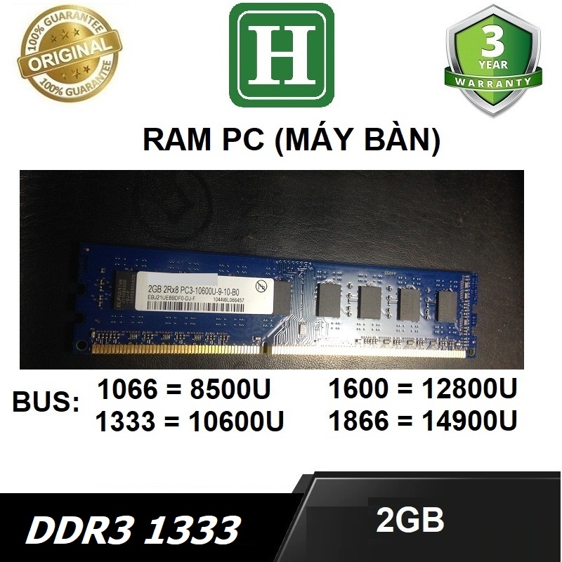 Ram PC  2GB DDR3 bus 1333 (10600U), ram dùng cho máy bàn, desktop