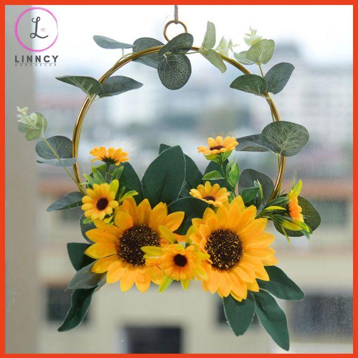 Vòng hoa treo tường, vòng hoa hướng dương treo cửa khung kim loại trang trí nhà cửa, cửa hàng, trang trí lễ cưới, sựkiện