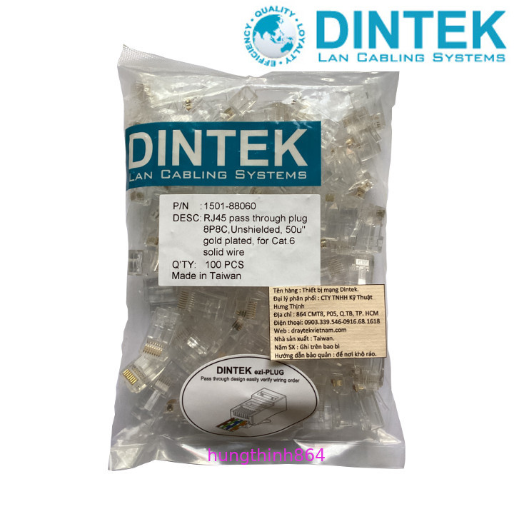 Đầu mạng xuyên thấu DINTEK ezi-PLUG RJ45 - 100 Đầu/ Bịch.