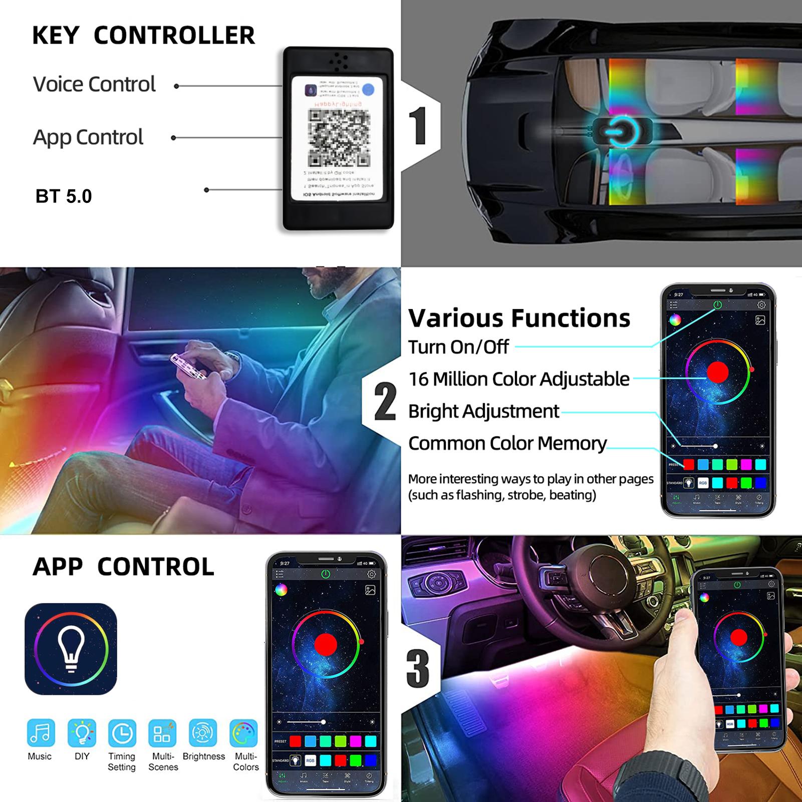 EV21 App Control Car Atmosphere Light 4 Light Bars RGB Illusion Music Rhythm Light LED Car Ambient Light