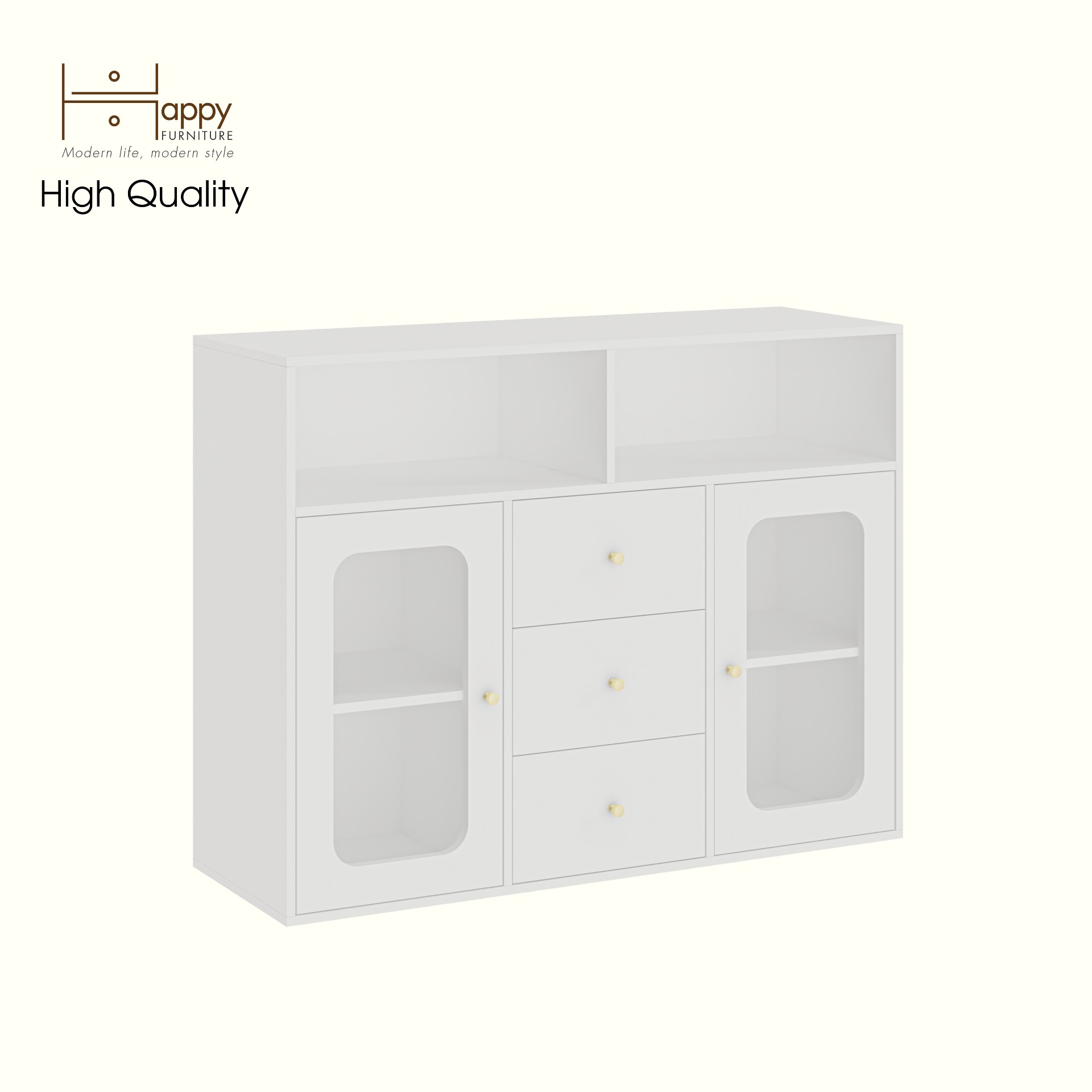 HAPPY FURNITURE , Tủ lưu trữ 2 cửa kính 3 ngăn kéo - NOAH , TLT_065 , 130cm x 45cm x 100cm DxRxC