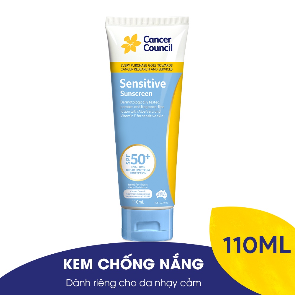 Kem Chống Nắng Cancer Council Sensitive Dành Cho Da Nhạy Cảm SPF50+ 110ml