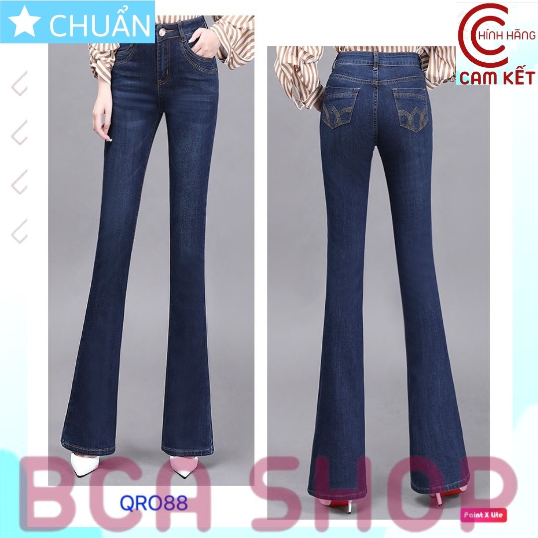 Quần jean nữ ống loe QRO88 ROSATA tại BCASHOP dáng dài có thêu dọc sườn, lưng cao 1 nút, phom chuẩn - xanh jean