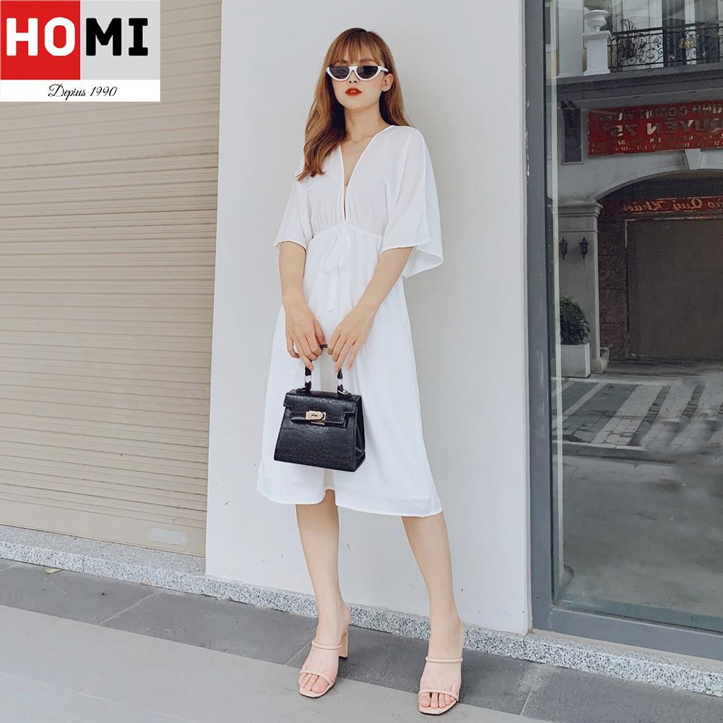 Đầm xòe cổ chữ V nơ cột eo - Màu trắng Hot sản phẫm HOMI Fashion