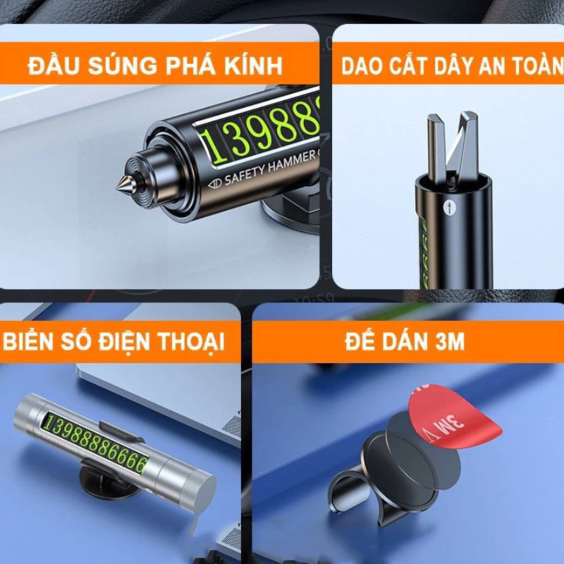 Bảng Ghi Số Điện Thoại Ô Tô 3in1 Kiêm Búa Phá Kính, Dao Cắt Dây Thoát Hiểm Cao Cấp - Hàng Nhập Khẩu