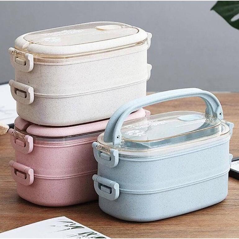 Hộp Cơm Lúa Mạch 2 Tầng 2 Ngăn Kèm Đũa Thìa - Hàng Loại 1