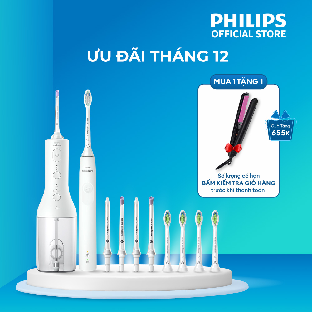 Bộ bàn chải điện Philips HX3671/23 + 4 đầu thay thế HX6064/67 + máy tăm nước HX3806 + 2 đầu thay thế HX3042 + 2 đầu thay thế HX3062
