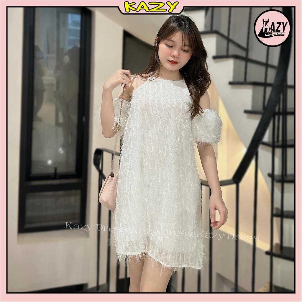 Váy cổ yếm trễ vai tơ lông mềm mịn phong cách tiểu thư KAZY DRESS V047