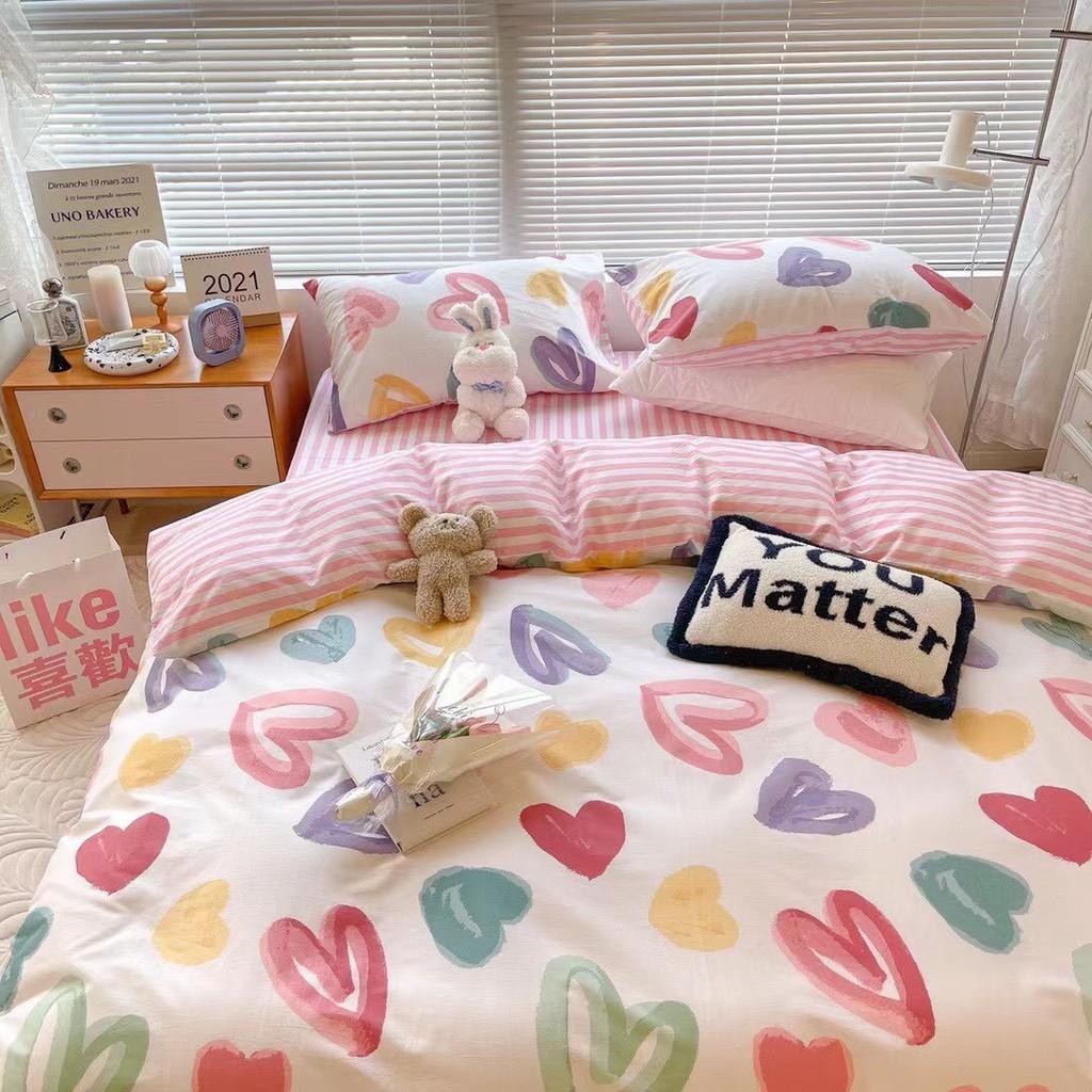 Bộ chăn ga gối Cotton poly M2T Bedding Tim mộng mơ, vỏ chăn mền, drap nệm và 2 vỏ gối