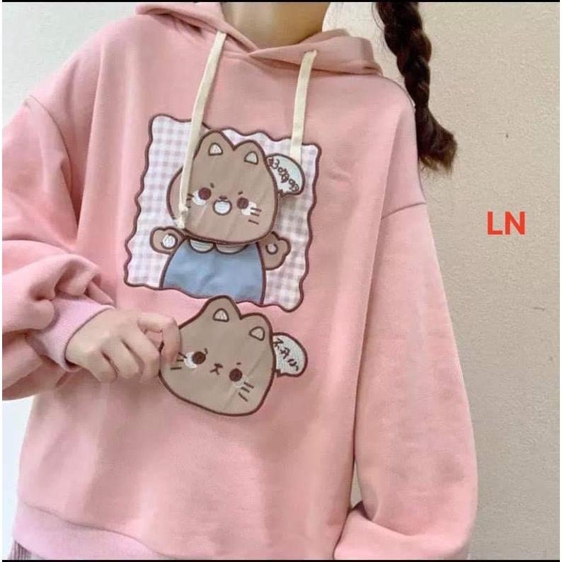 Áo hoodie mèo nâu ô vuông TH6