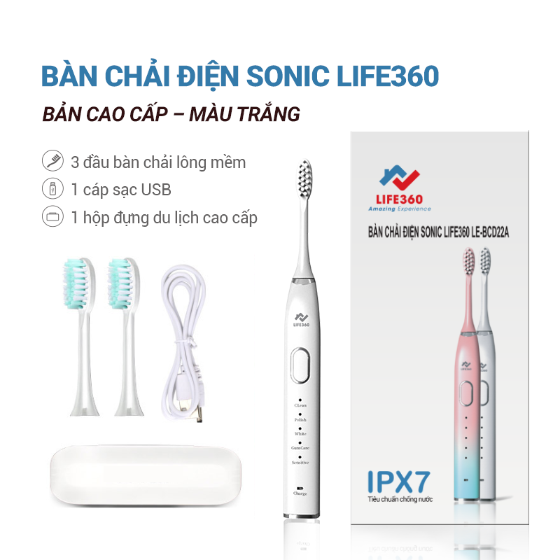 Bàn Chải Điện Sonic Life360 LE-BCD22A (Bản Cao Cấp) - Công nghệ sóng âm sonic, Chải Sạch Mảng Bám Tới 10 Lần, 5 chế độ thông minh, Chống Nước IPX7 