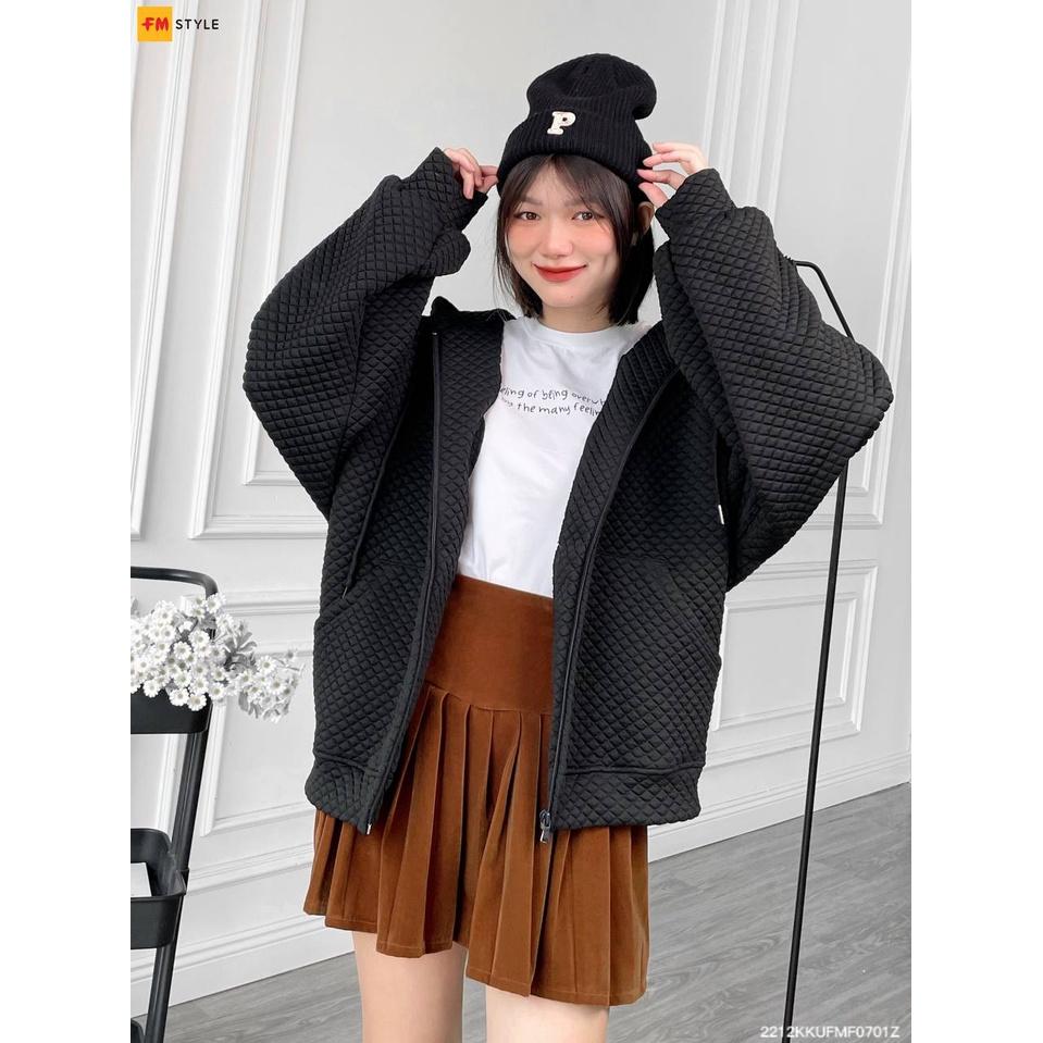 Áo khoác hoodie zip nỉ FM Style form rộng tay bồng basic khoá kéo phối 2 túi có mũ lớn thời trang ulzzang 23030456