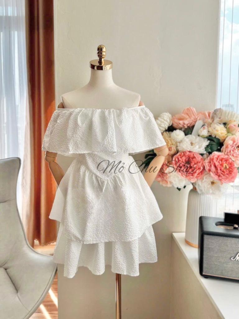 Đầm xòe gấm trễ vai bèo tầng siêu xinh