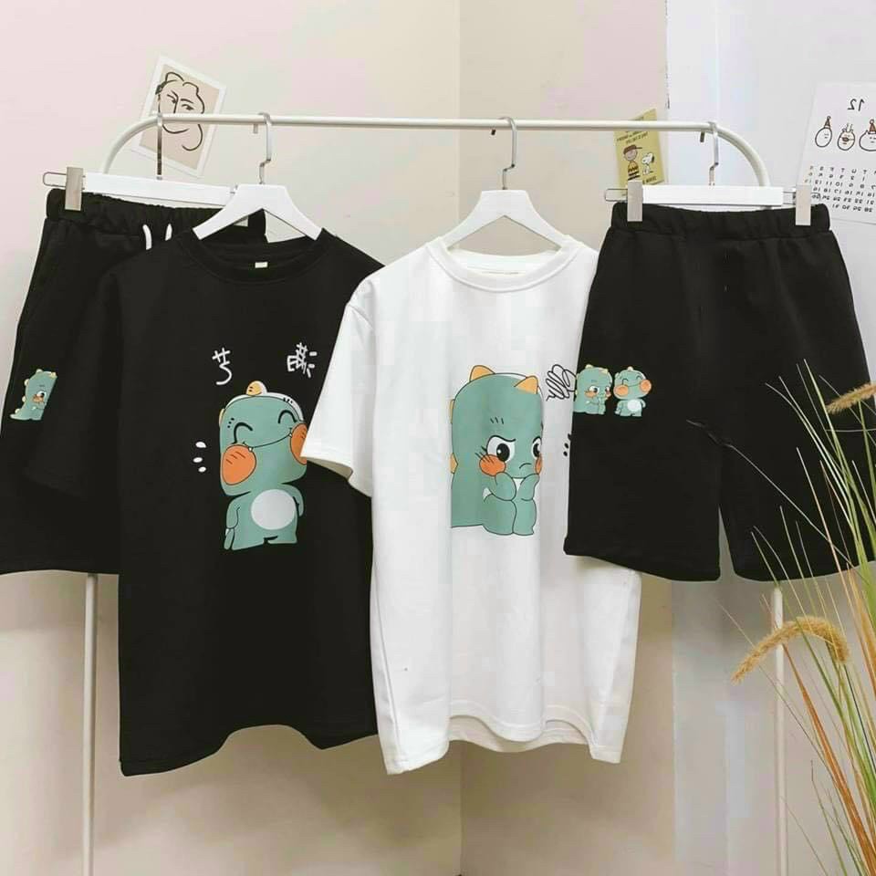 Set Đồ Bộ Nam Nữ Mặc Nhà In Hoạt Hình Cute - Áo Thun Unisex Phối Quần Short Đùi Lửng - Rẻ Đẹp