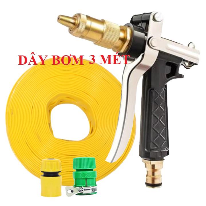 Bộ dây vòi xịt bơm nước tưới rửa, tăng áp 3 lần, loại 3m, 5m 206236 đầu đồng,cút,nối nhựa vàng+ đai