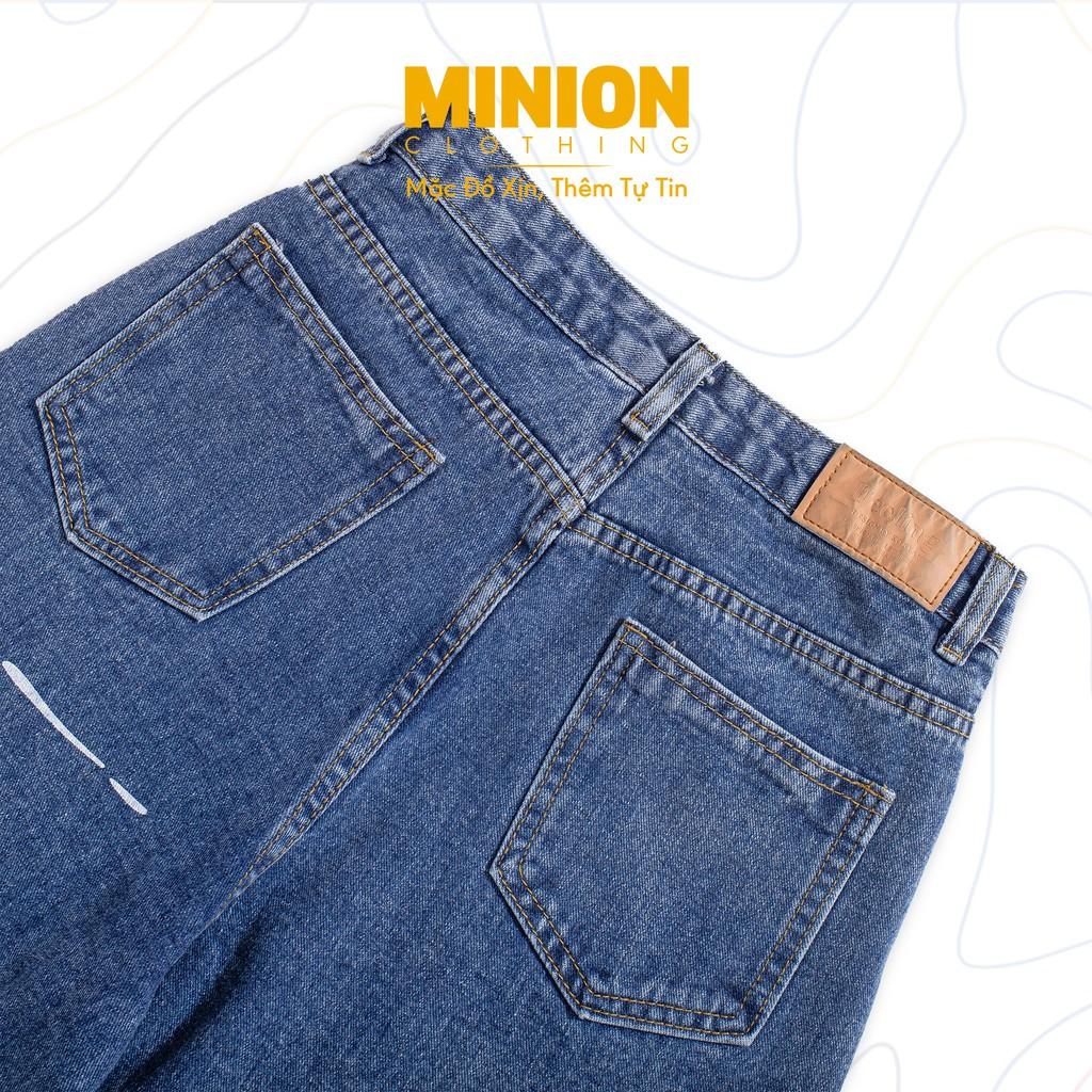 Quần jeans ống rộng sọc ngang ngựa vằn MINION CLOTHING lưng cạp cao bò Unisex nam nữ Ulzzang chất jean dày Q8605