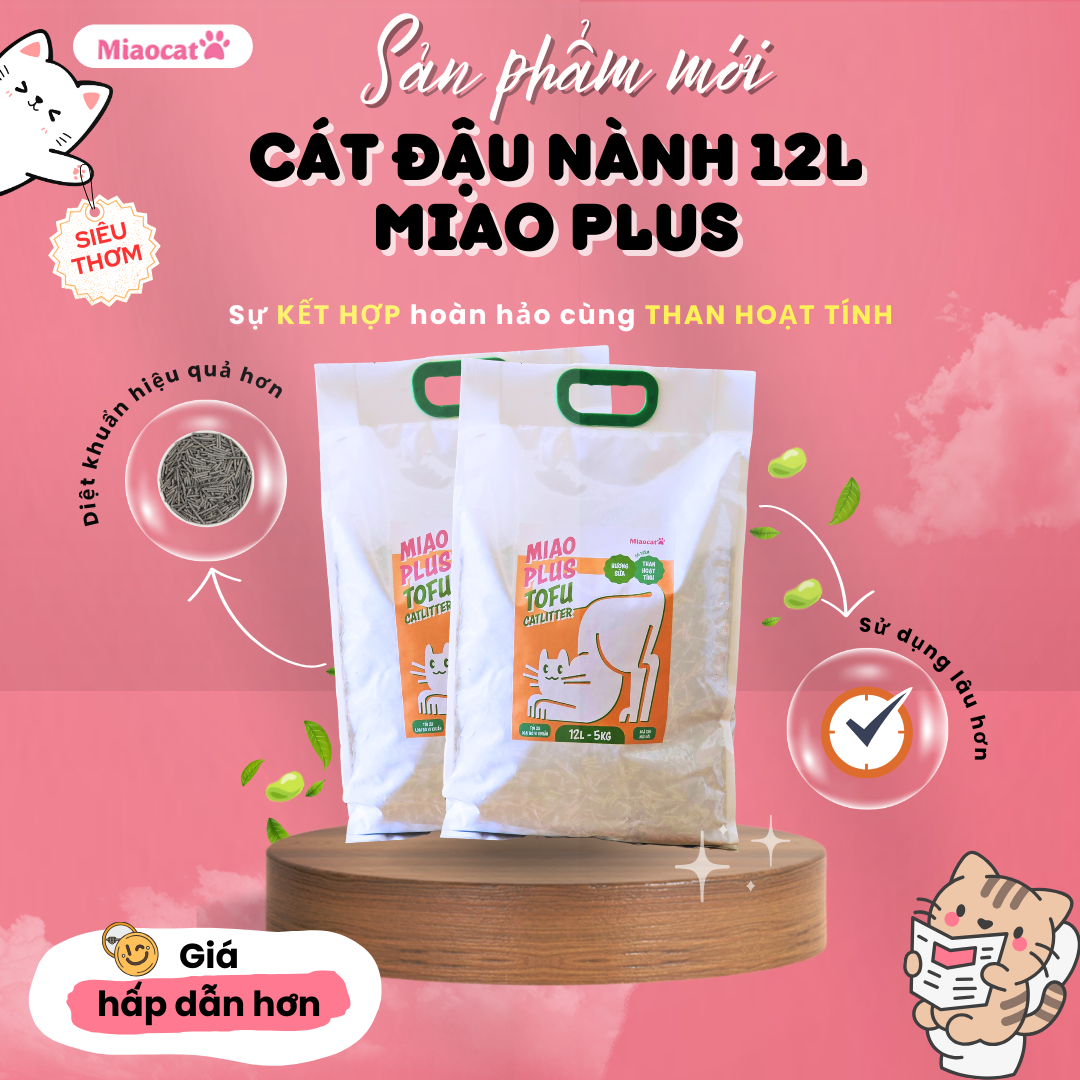 Cát vệ sinh đậu nành Miao Plus 12L có thêm than hoạt tính - Miaocat