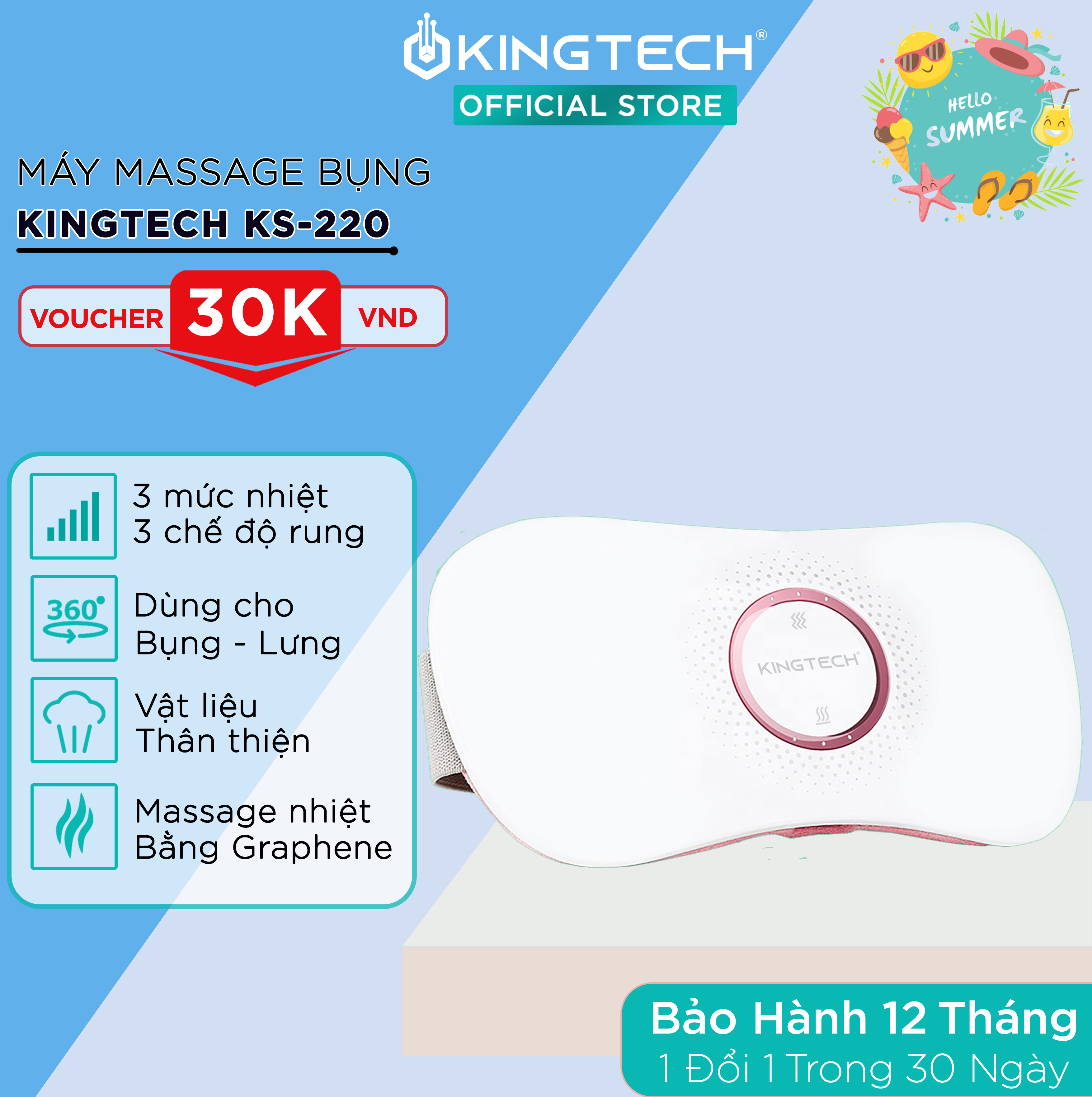 Đai Massage Bụng Cao Cấp KingTech KS-220 - Mát xa Rung, Nhiệt - Hỗ Trợ Giảm Đau Bụng Kinh, Đau Lưng - Quà Tặng Tuyệt Vời Ngày Valentine 14/2, 8/3, 20/10 Cho Chị Em Phụ Nữ