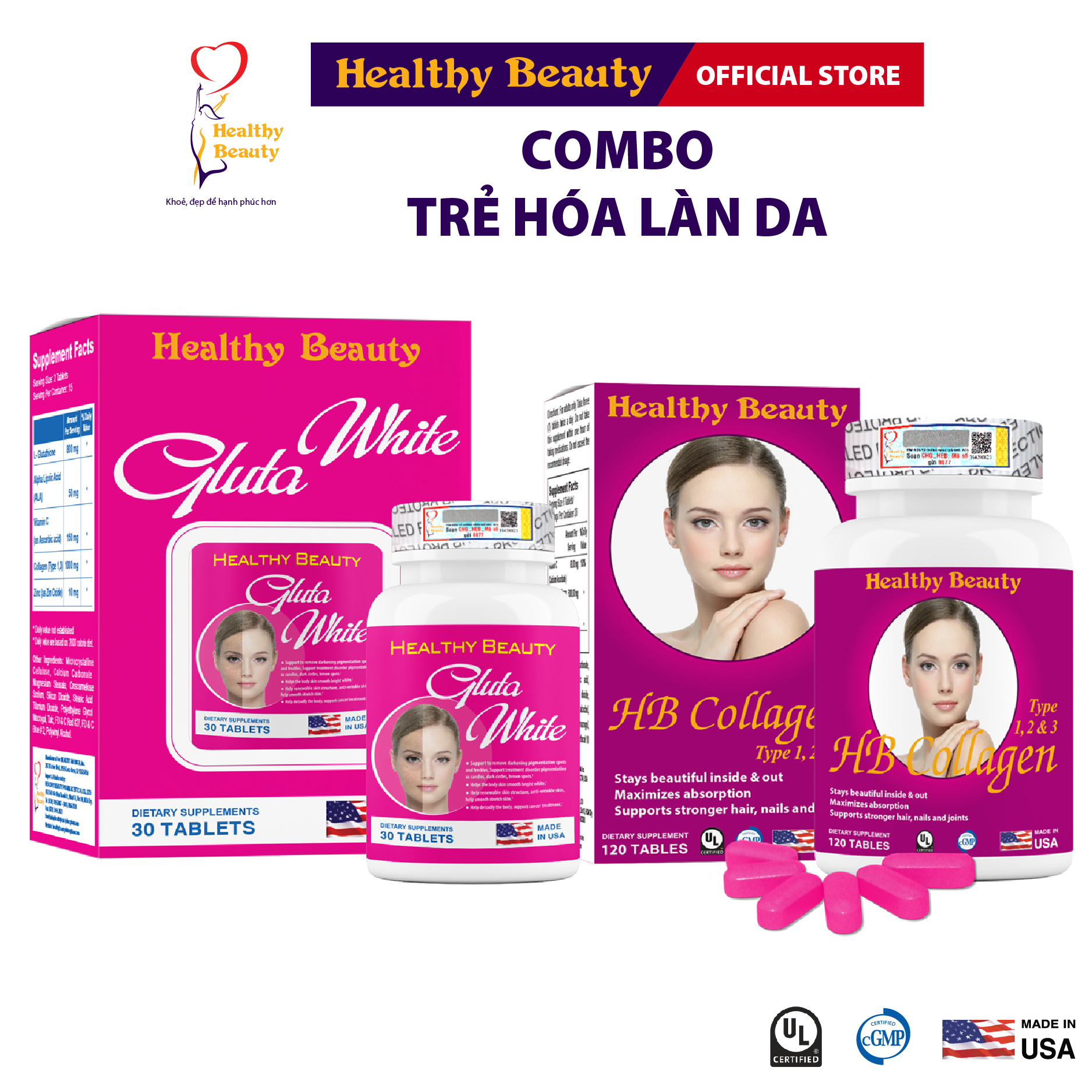 Combo Trẻ Hóa Làn Da Gluta White & HB Collagen Type 1,2,3 Healthy Beauty