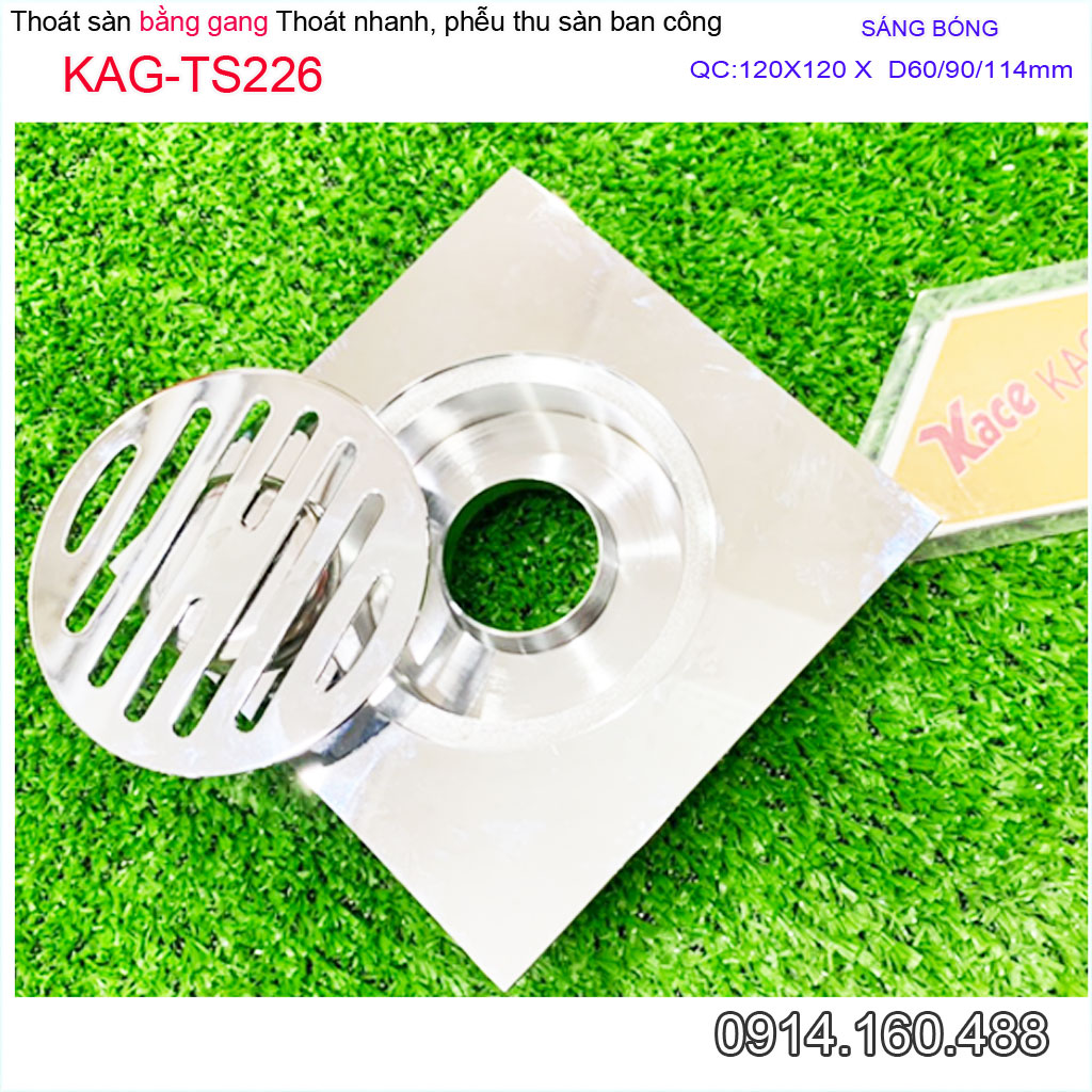 Phễu thoát sàn ban công 12x12 cm Linax KAG-TS226 Inox bóng gương chất liệu gang dày 3mm , Ga thoát nước nhà tắm ống D60-90-114 thoát nhanh chống hôi tốt