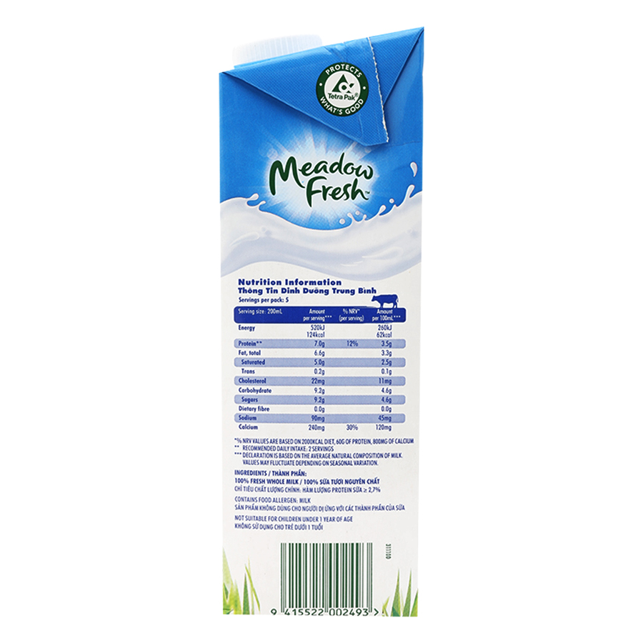 Thùng 12 hộp Sữa tươi tiệt trùng nguyên kem Meadow Fresh 1L hàng New Zealand