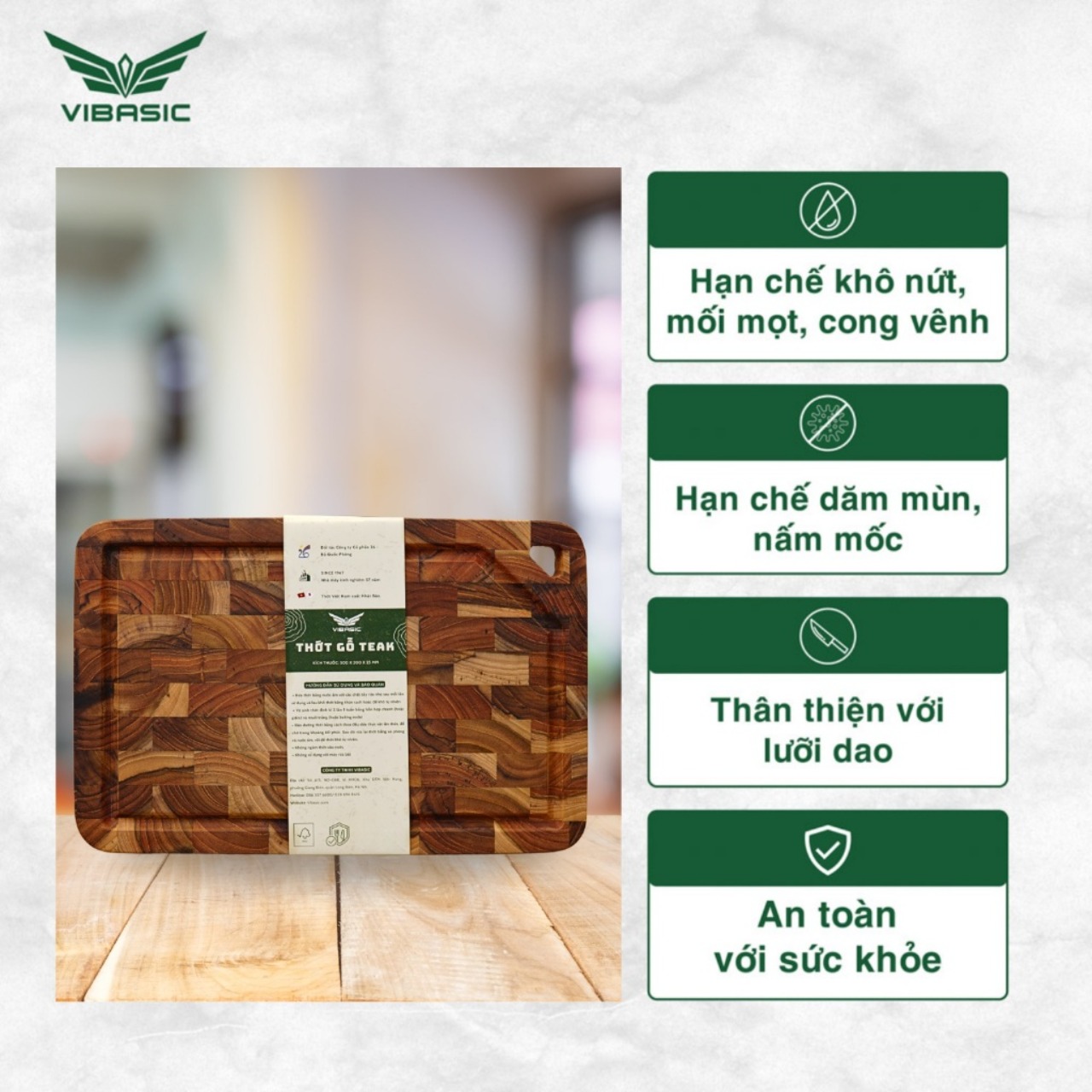Thớt Gỗ Teak Vibasic ghép dựng block, kích thước 350x250x27mm dùng để cắt thái thực phẩm - Hàng chính hãng Bộ Quốc Phòng