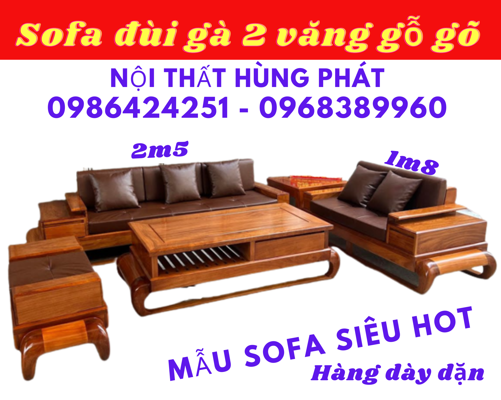 Sofa 2 văng đùi gà gỗ kèm đệm cao cấp