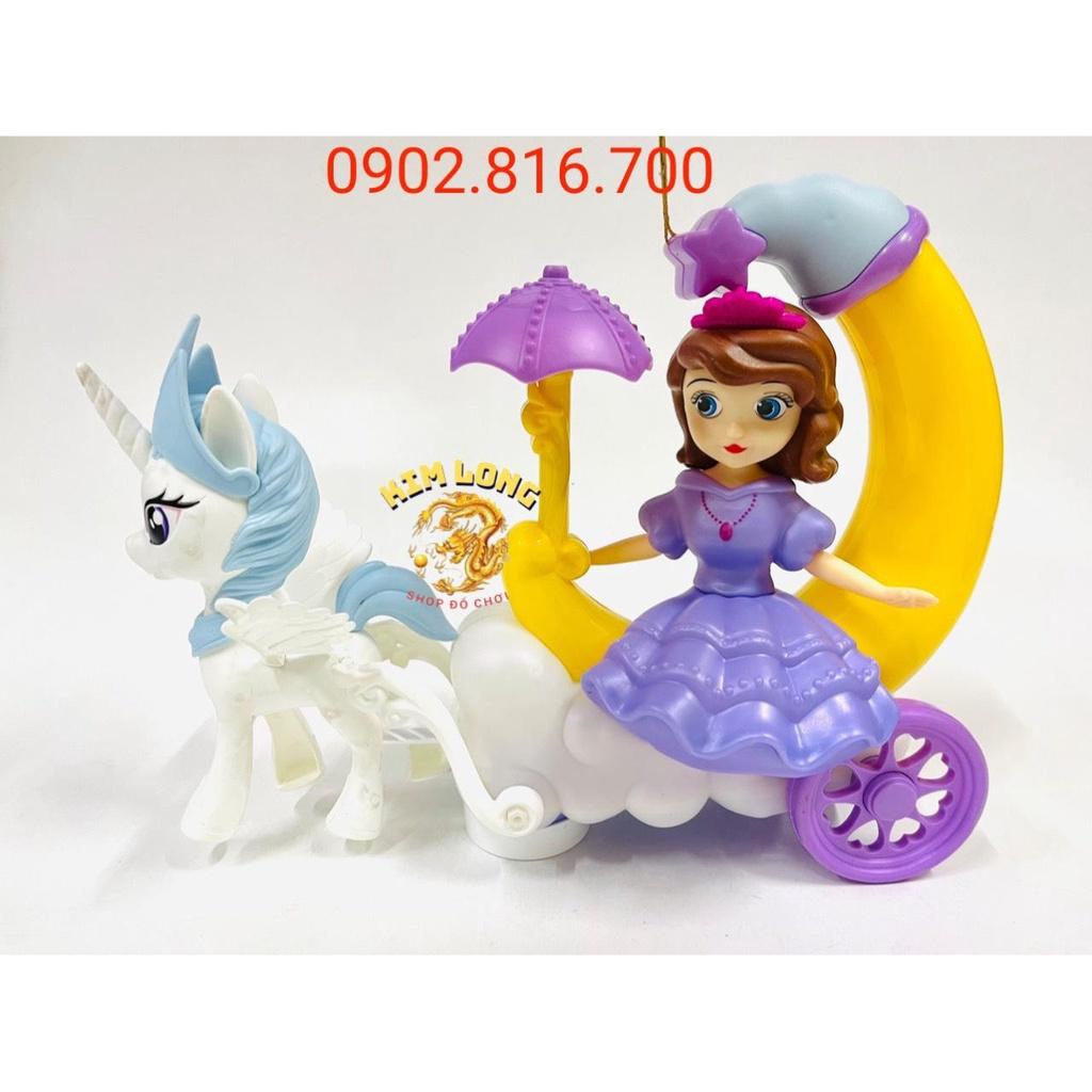 Đồ chơi lồng đèn trung thu cho bé gái hình NGỰA PONY KÉO XE CHỞ CÔNG CHÚA SOFIA VÀ ELSA tặng pin nhạc đèn