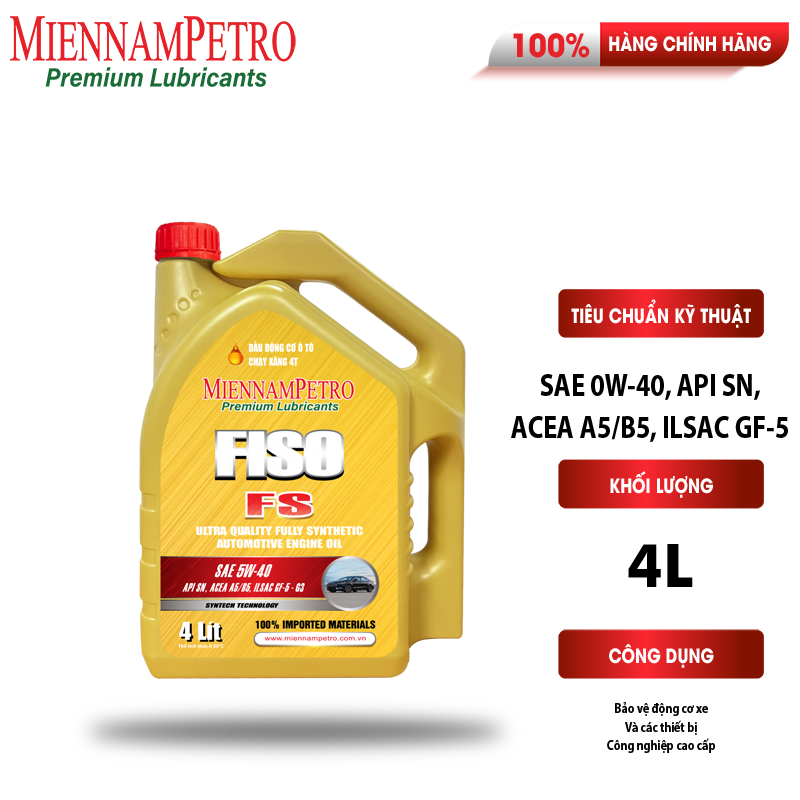 Dầu Nhớt Tổng Hợp MiennamPetro Fiso FS SAE 0W-40 API SN/CF 4L Bảo Vệ Và Tăng Hiệu Suất Động Cơ Xe Ô Tô Siêu Hạng