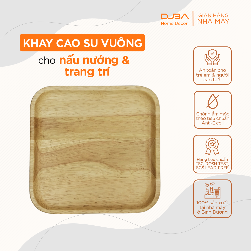 Khay gỗ cao su decor, thớt gỗ trang trí hình vuông màu tự nhiên đạt chuẩn xuất khẩu - DUBA