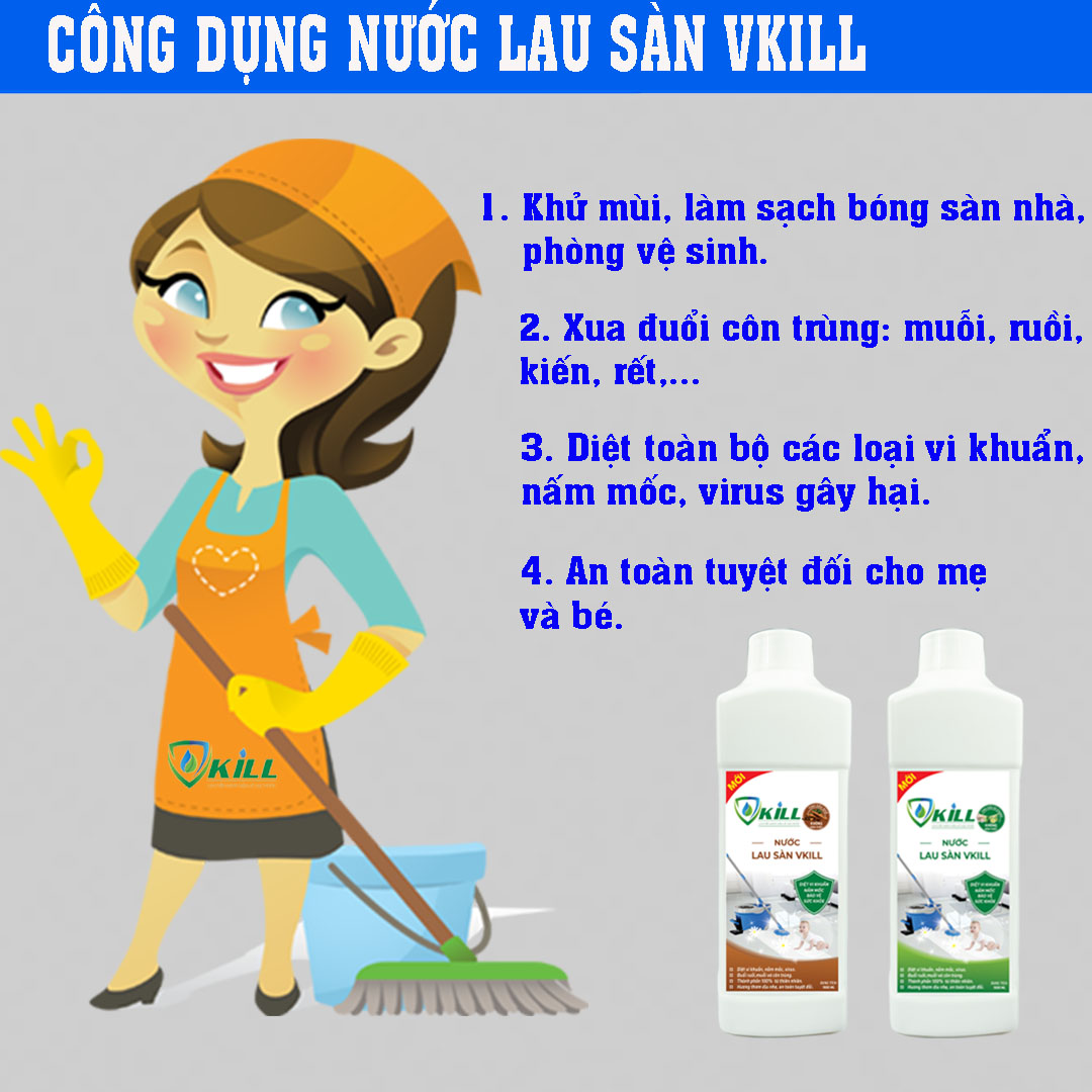 Nước lau sàn nhà Vkill làm sạch nhanh với ion từ trường diệt 99,8% vi khuẩn lưu hương lâu thành phần 100% thiên nhiên