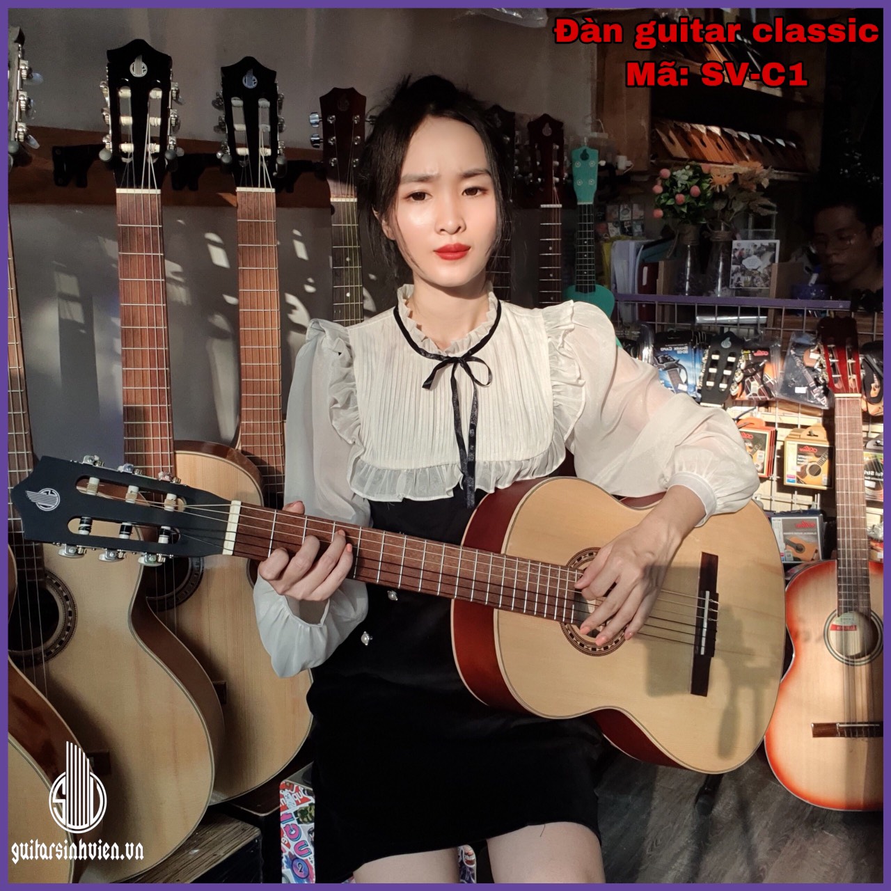 Đàn guitar classic SV-C1 mặt gỗ thông có ty chống cong- Dáng tròn số 8 - Đặt hàng tặng 7 phụ kiện - Bảo hành 12 tháng