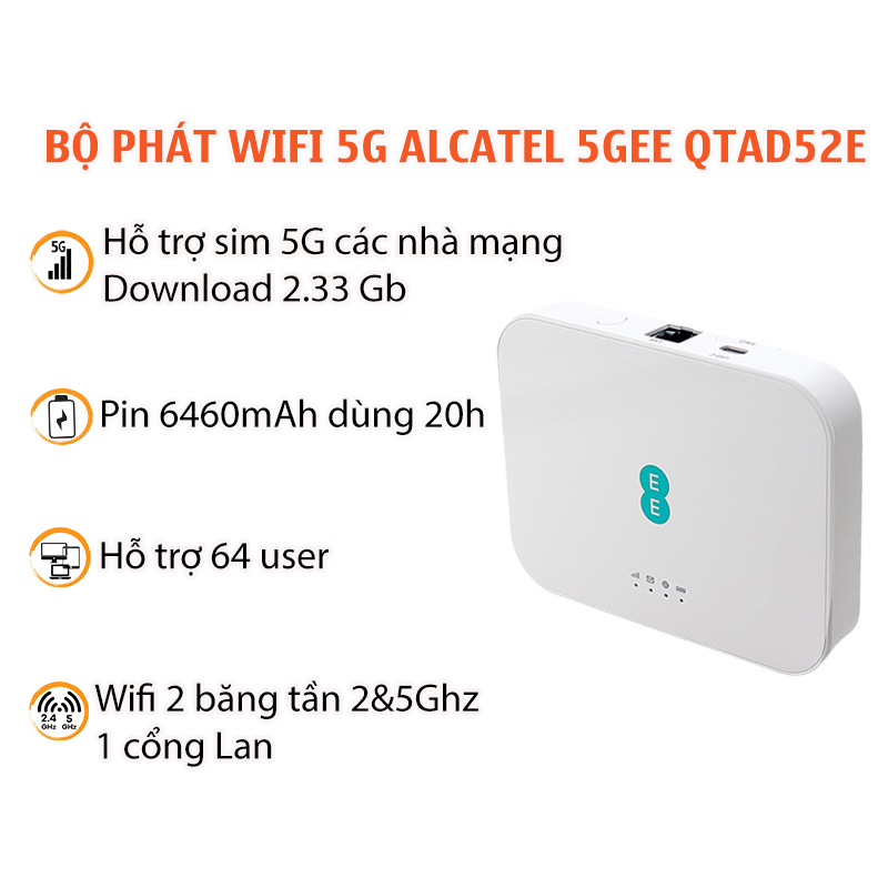 Bộ Phát Wifi Cầm Tay 5G 4G Alcatel 5GEE tốc độ 2.33Gb, Pin 6400Mah, Hỗ trợ 2 băng tần, cổng LAN Gigabit, Hàng chính hãng